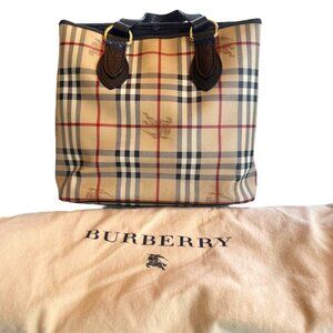 Burberry Womens Leather And Haymarket Check Bucket Bag With Black Leather Straps